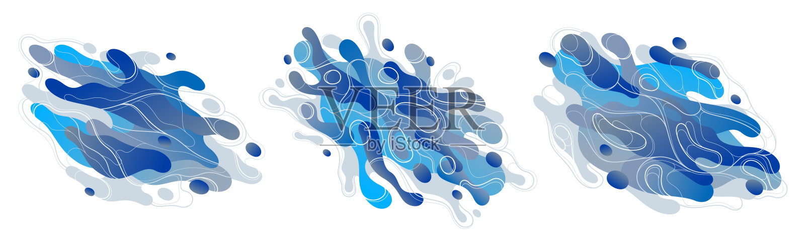 抽象蓝色熔岩流体矢量插图集，气泡梯度形状在运动，艺术背景图形元素收集，动态现代艺术液体形式流动。设计元素图片