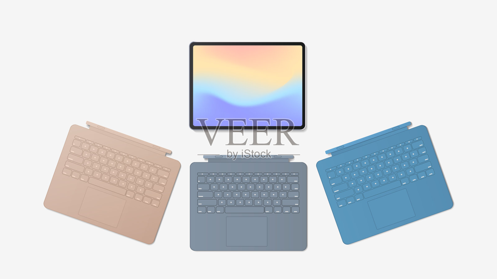 拥有不同键盘和彩色屏幕的现代平板电脑插画图片素材