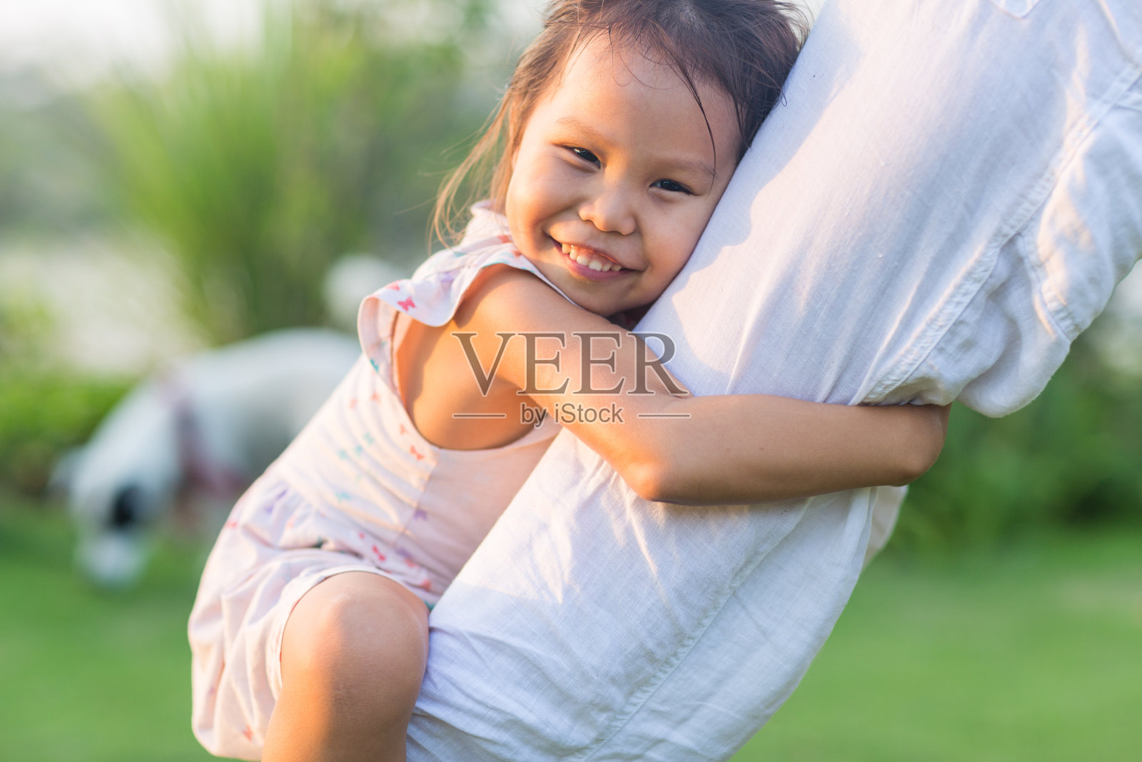 可爱顽皮的小亚洲女孩拥抱父母的腿在花园里。照片摄影图片