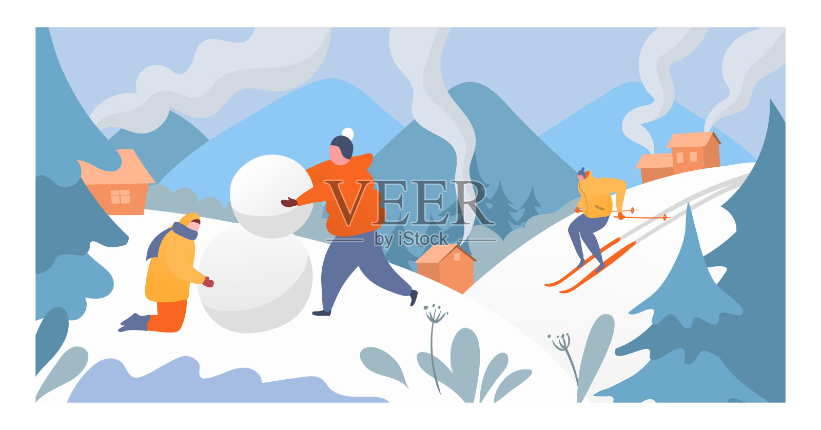 人们休息高山冬季运动，人物男女制作雪人和运动员滑雪者下山高山平面矢量插图。插画图片素材