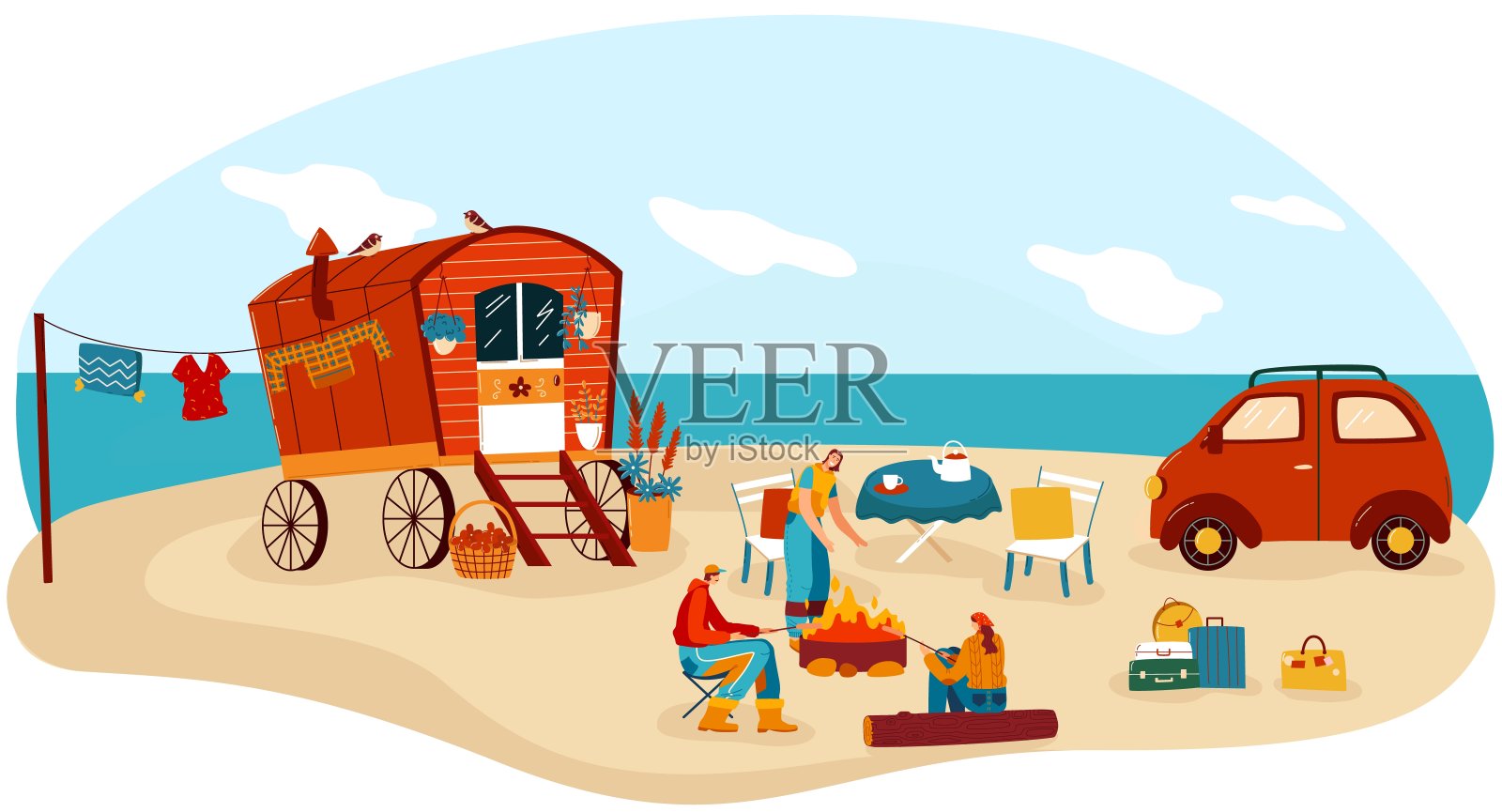 人们旅行在拖车矢量插图，卡通扁快乐的男人女人露营旅行者人物烹饪野餐的海滩篝火食物插画图片素材