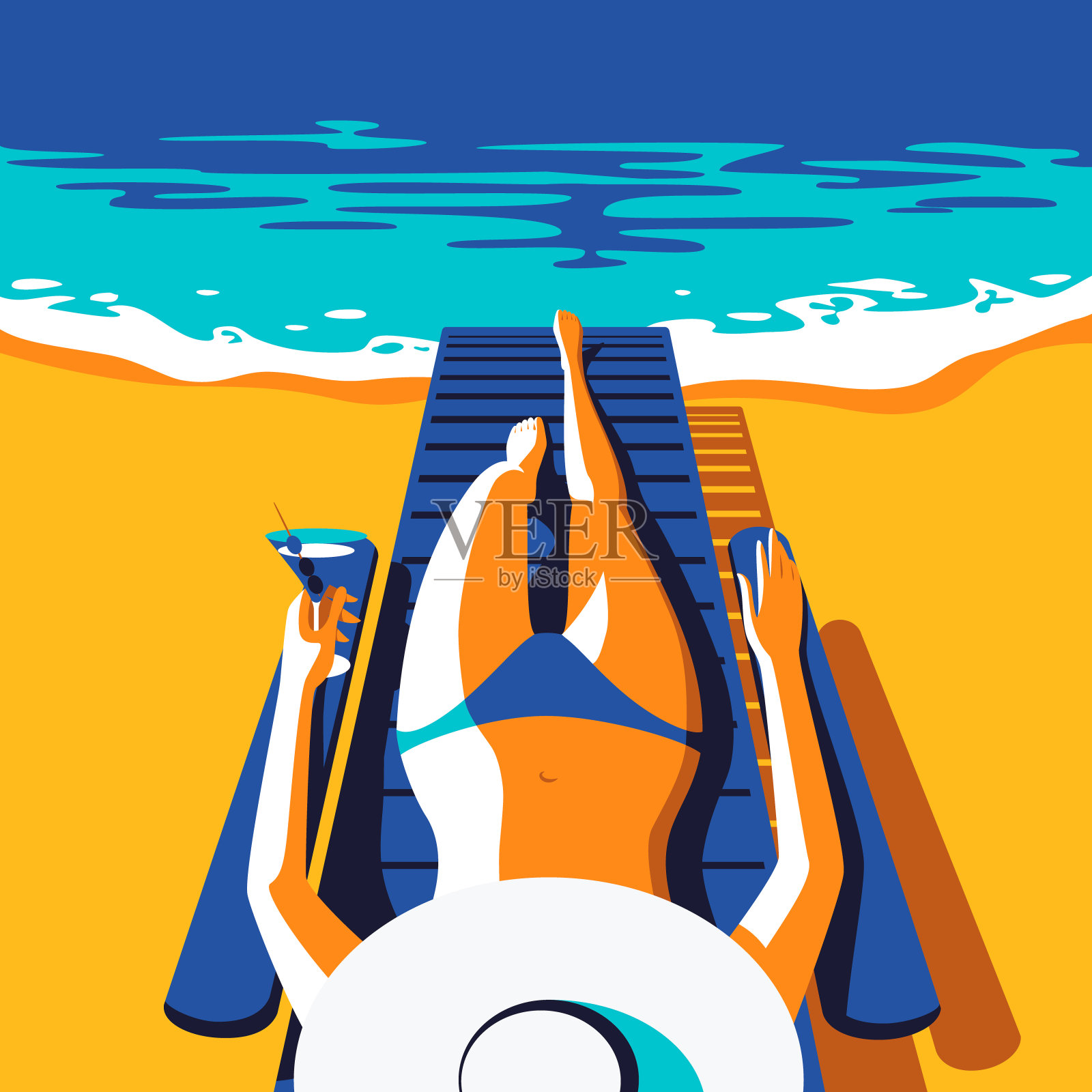 穿着蓝色泳衣的优雅女子在海滩上晒太阳。插画图片素材