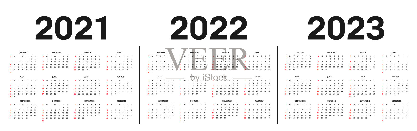 日历2021年，2022年和2023年模板。日历模板为黑白两色，假日为红色插画图片素材