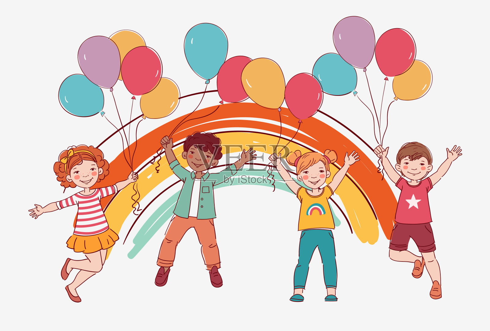 快乐的孩子们跳。幸福、童年、自由的概念插画图片素材