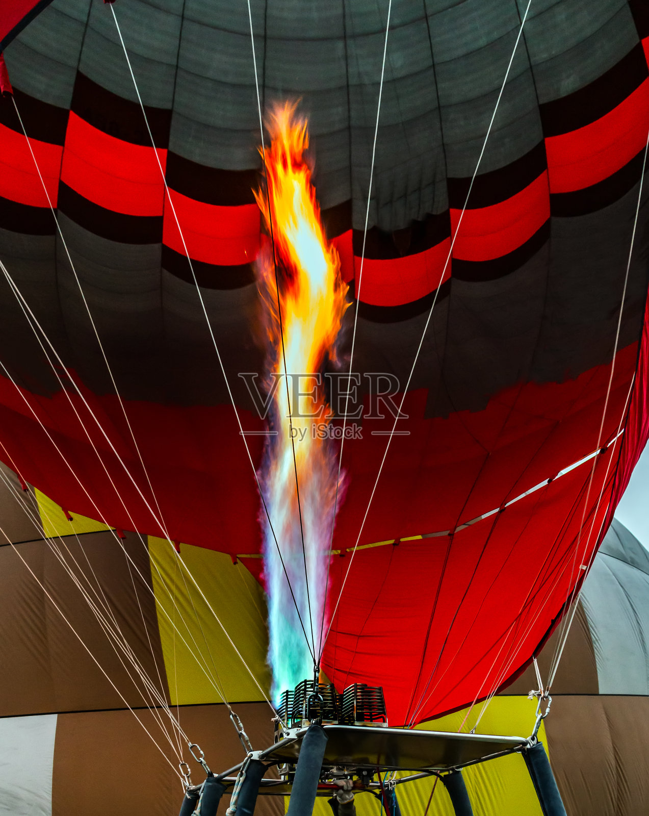 燃烧器将液体丙烷气化，热气球着陆照片摄影图片
