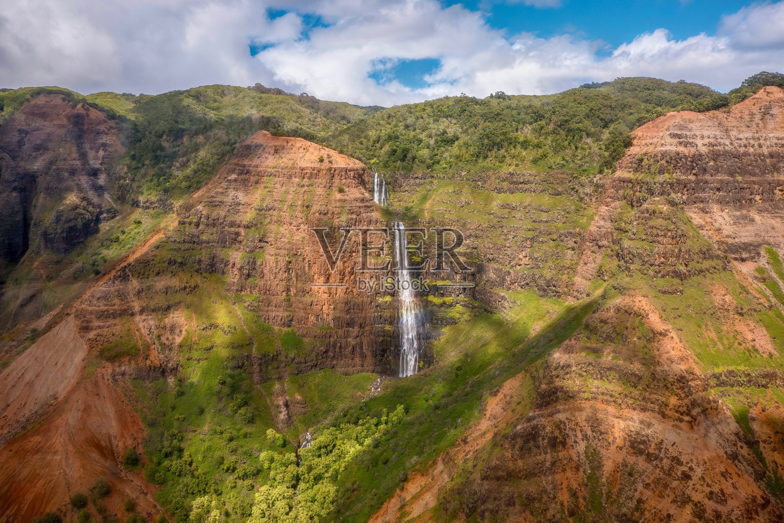 夏威夷考艾岛威美亚峡谷州立公园美丽的怀波奥瀑布的广角视图，从直升机上拍摄。照片摄影图片