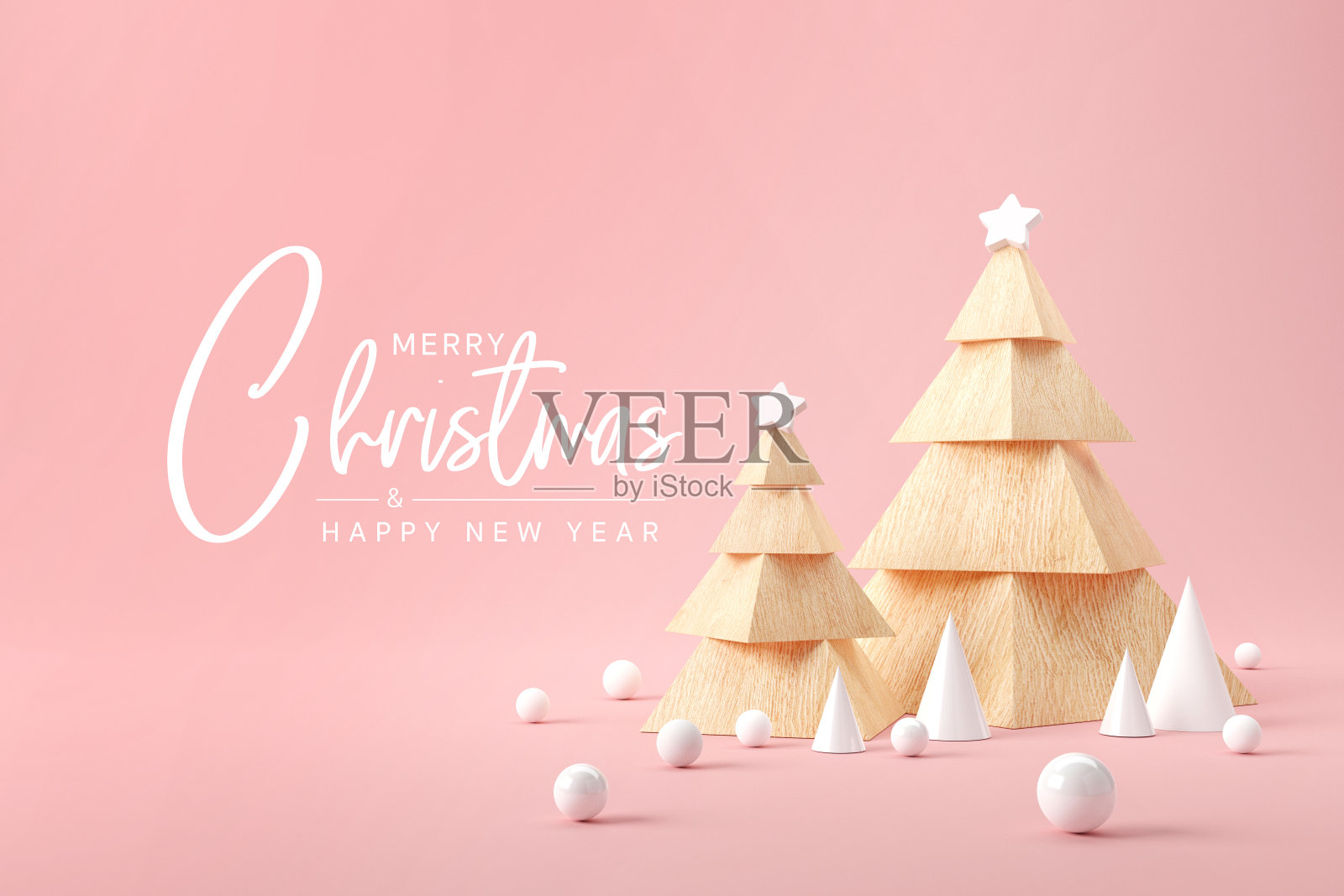 木质圣诞树与几何粉红色的背景。节日快乐。新年最小概念，复制空间。照片摄影图片