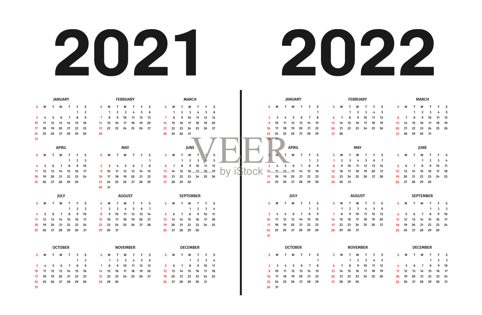 日历2021年和2022年模板。日历模板为黑白两色，假日为红色设计模板素材