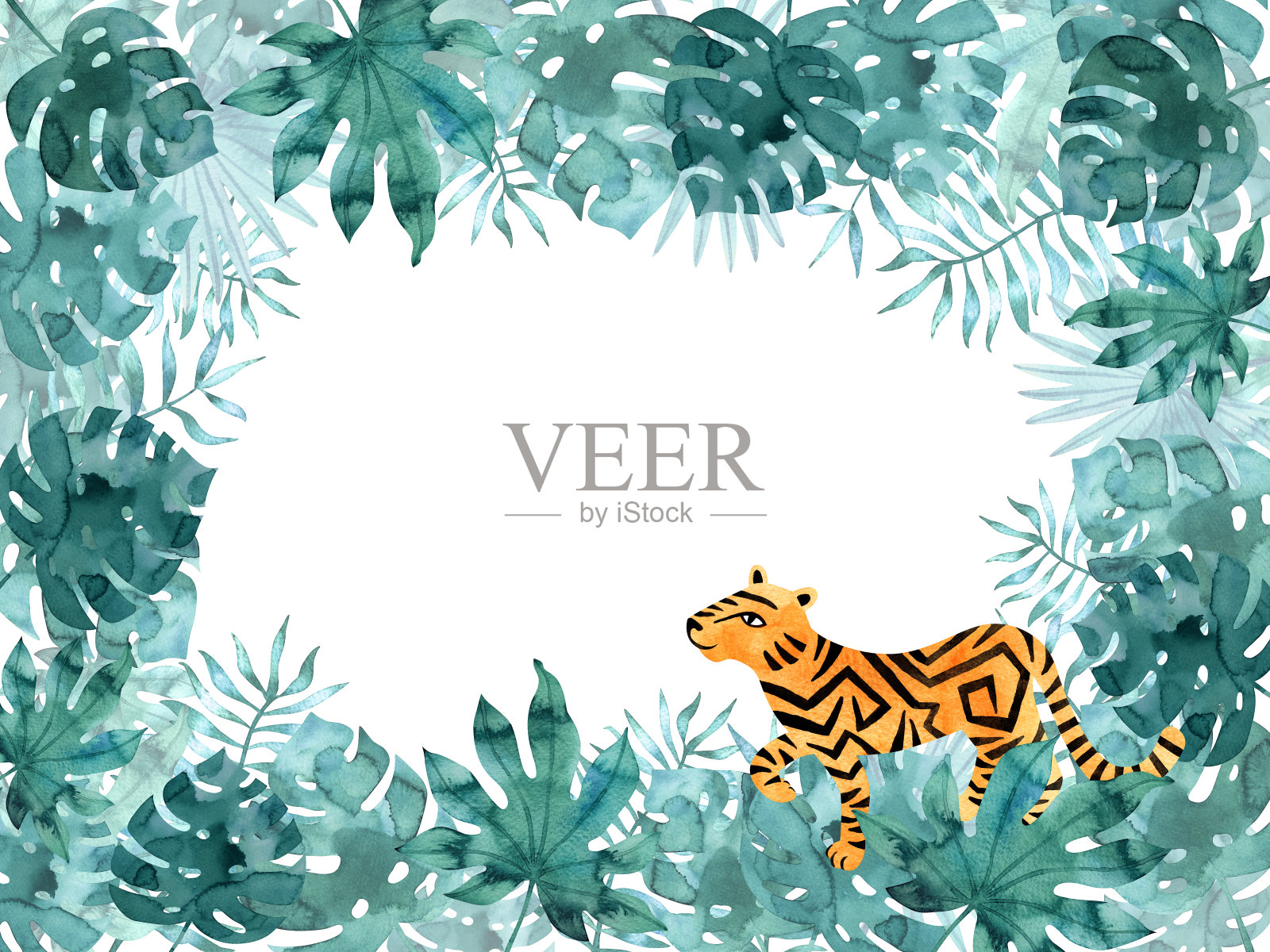 水平矩形框架模板与水彩热带树叶和老虎。异国情调手绘插图。插画图片素材