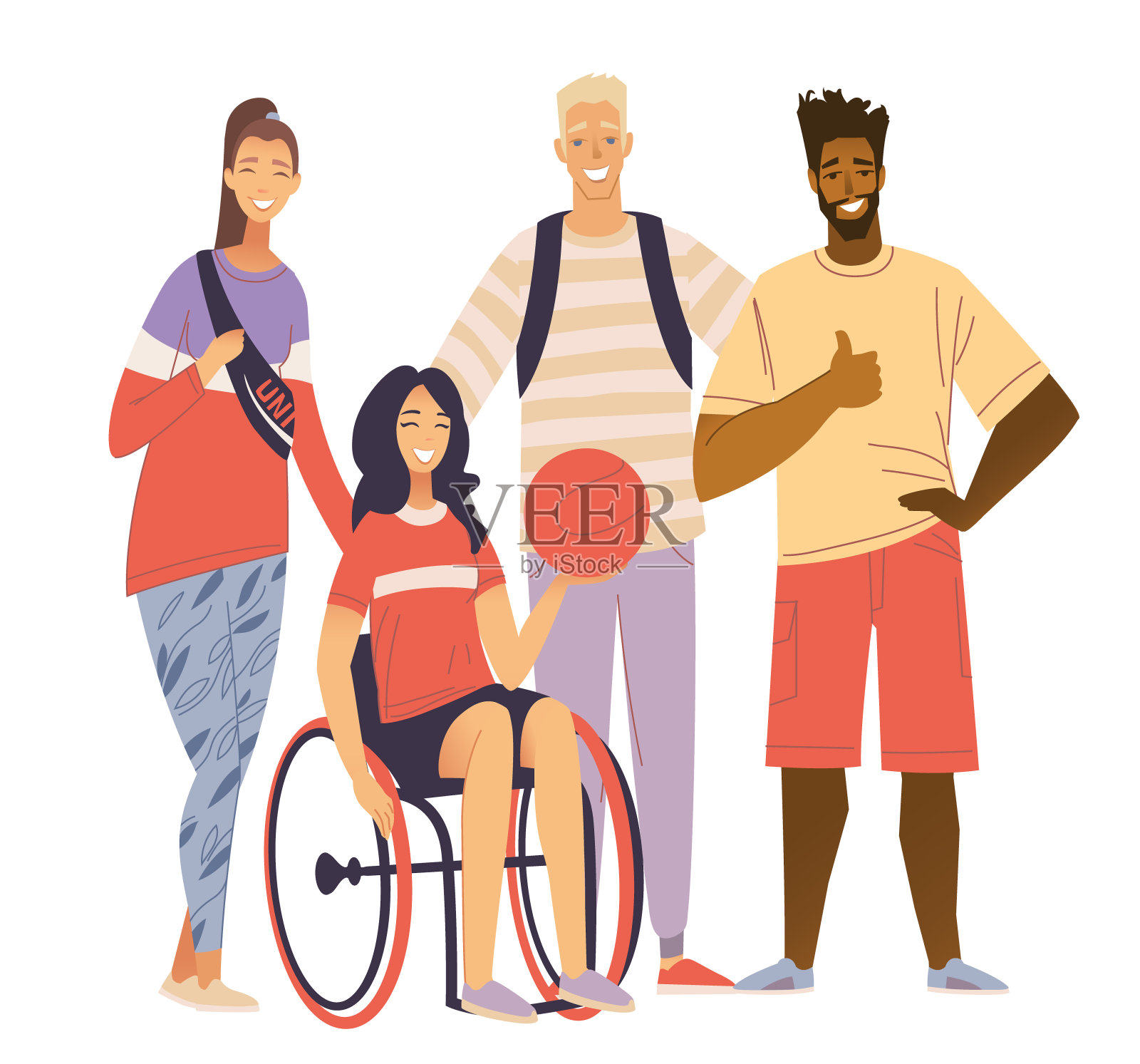 多元文化运动队肖像。快乐的残疾女孩坐在轮椅上，拿着篮球。一位年轻女子坐在轮椅上打篮球。包容，活动残疾人。股票矢量平面插图的轮椅插画图片素材