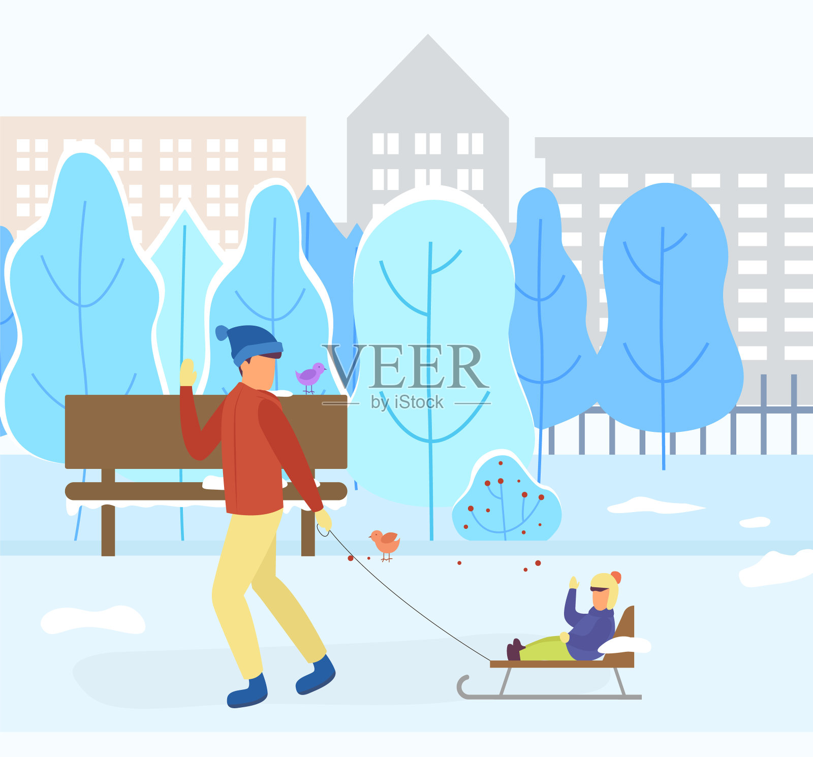 在公园里玩雪橇的爸爸和孩子，冬季城市景观插画图片素材