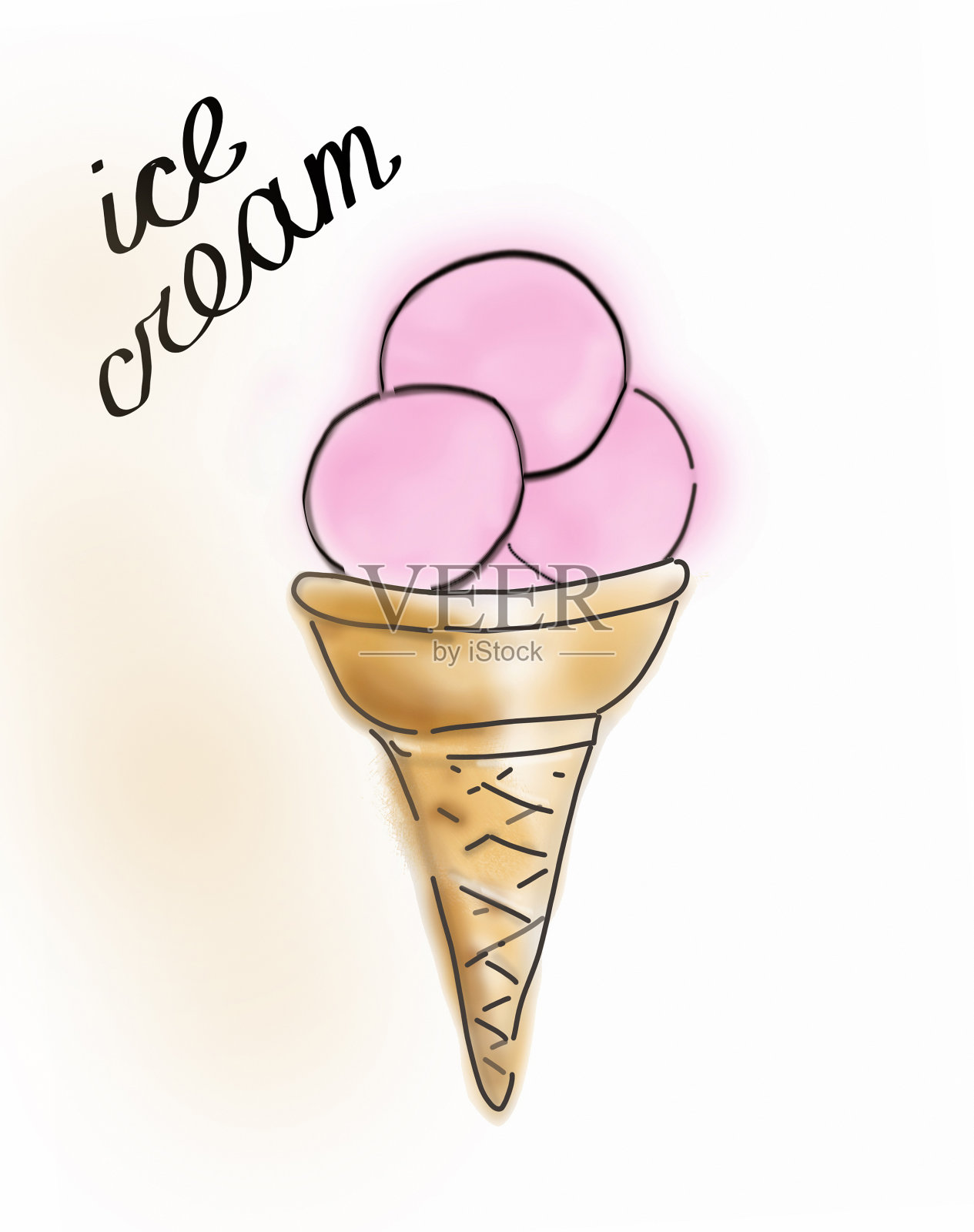 加一勺粉色草莓或覆盆子冰淇淋的华夫蛋筒。素描风格的插图。设计元素图片