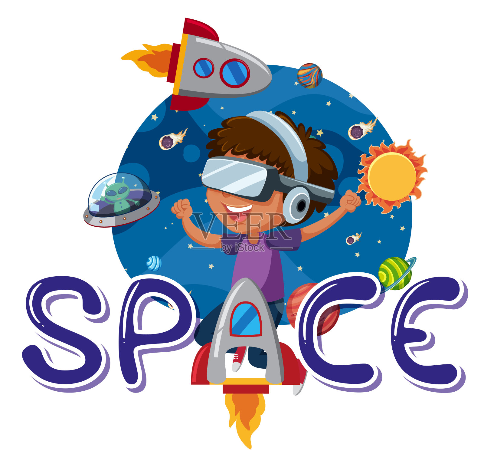 太空标志与孩子佩戴虚拟现实耳机隔离插画图片素材