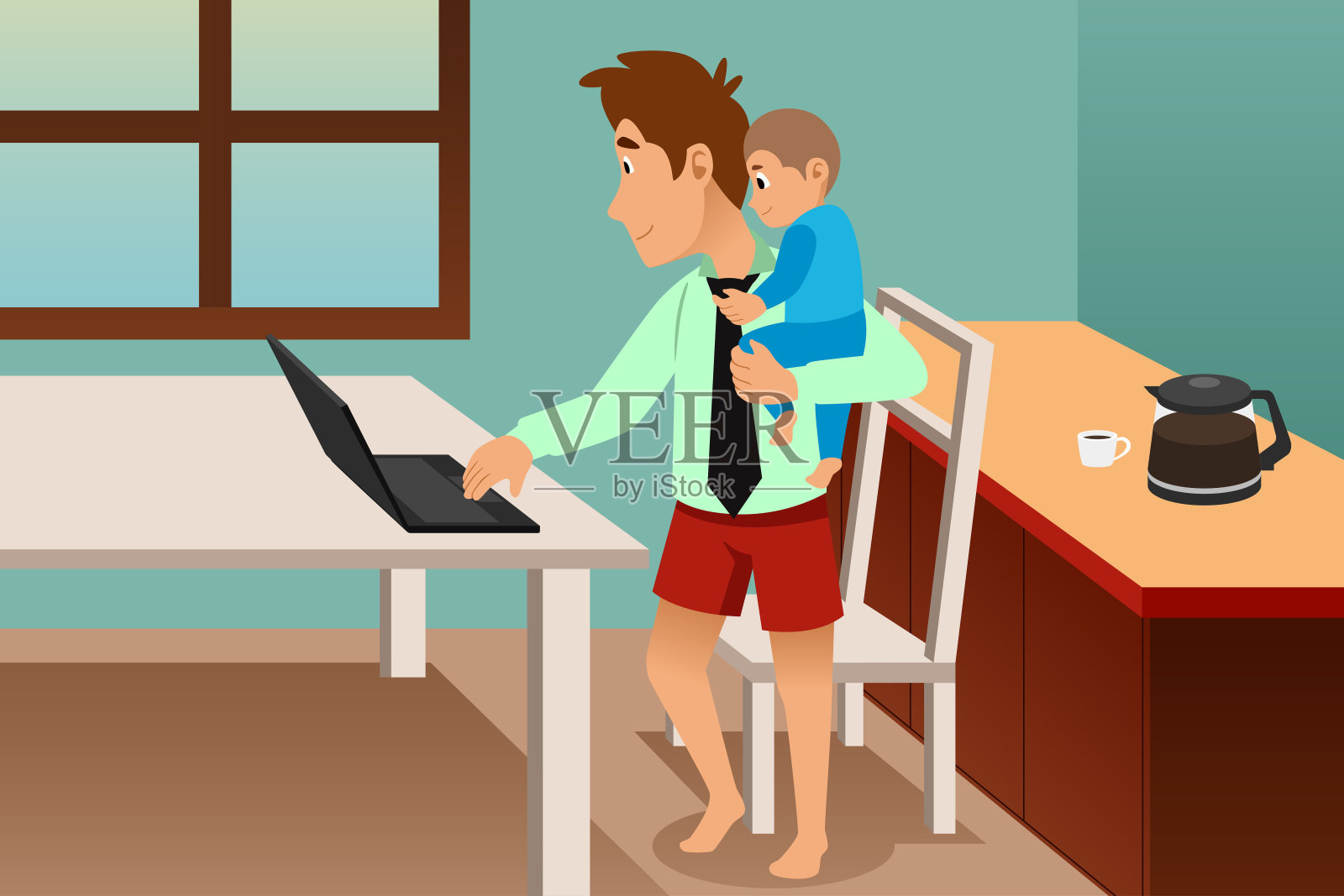 带着孩子的男人在家里工作矢量插图插画图片素材