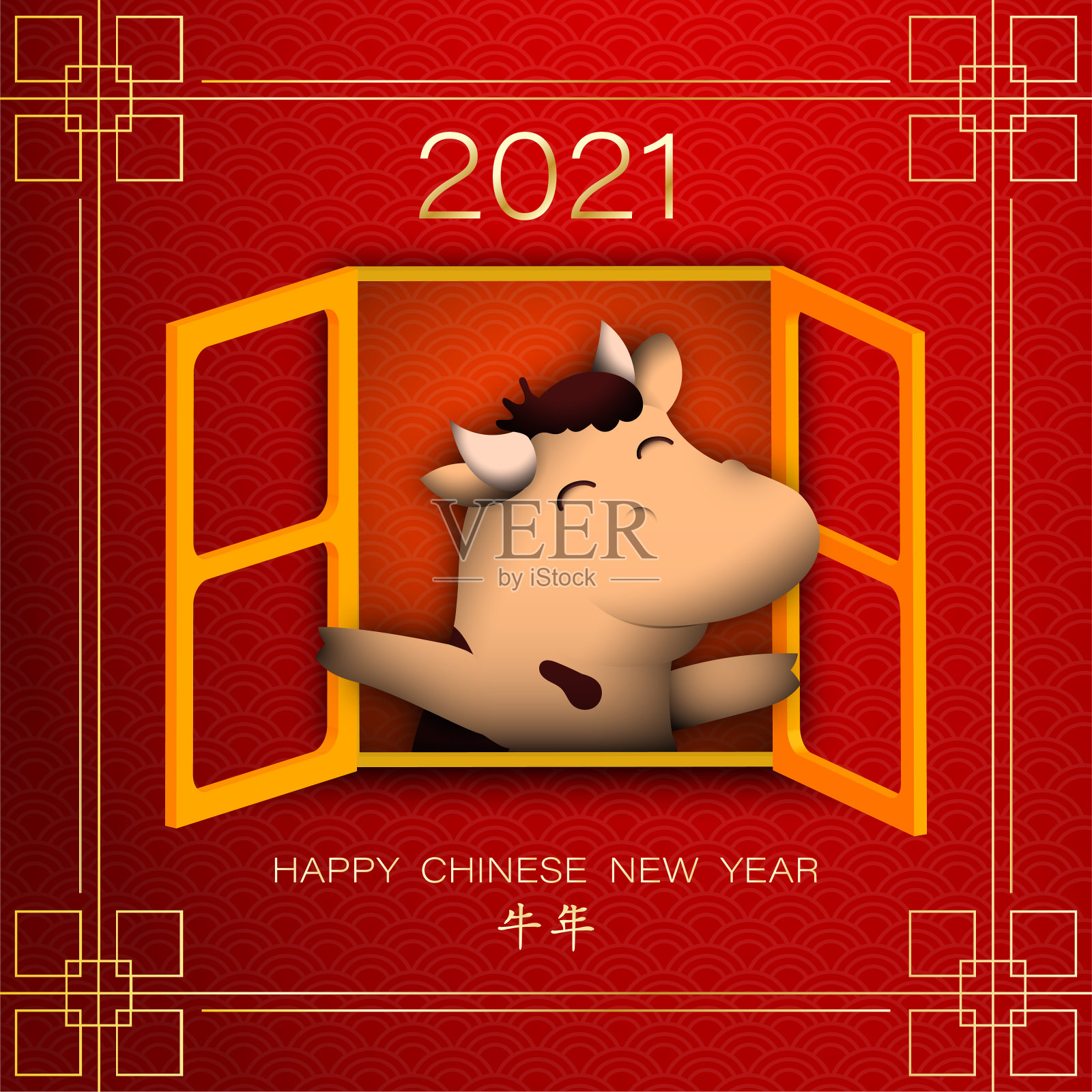 快乐的小公牛，小牛犊打开了2021年新年的窗户。红色和金色与传统装饰装饰的背景。中文翻译牛年插画图片素材
