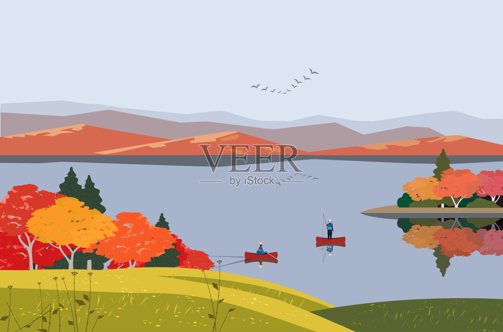 秋山湖景观平面色向量插画图片素材