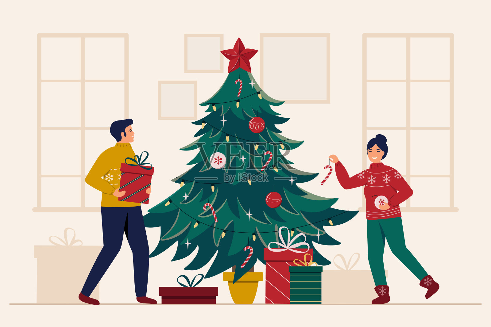 微笑的男人和女人装饰圣诞树。插画图片素材