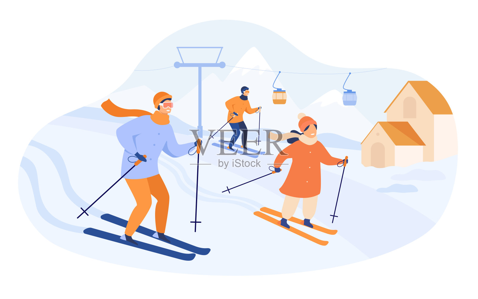 全家在山上滑雪快乐插画图片素材