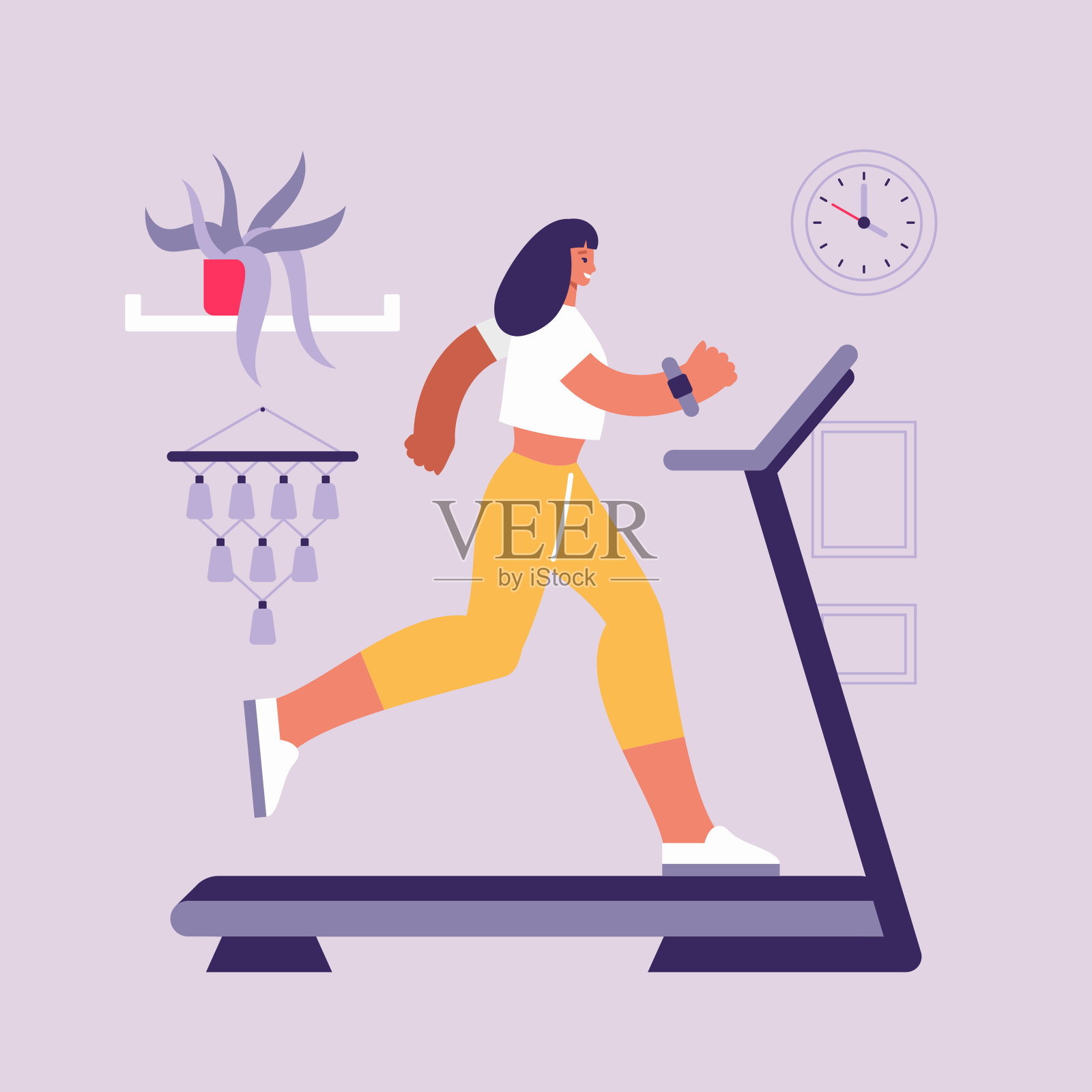 卡通活跃的女人在跑步机上在家锻炼插画图片素材