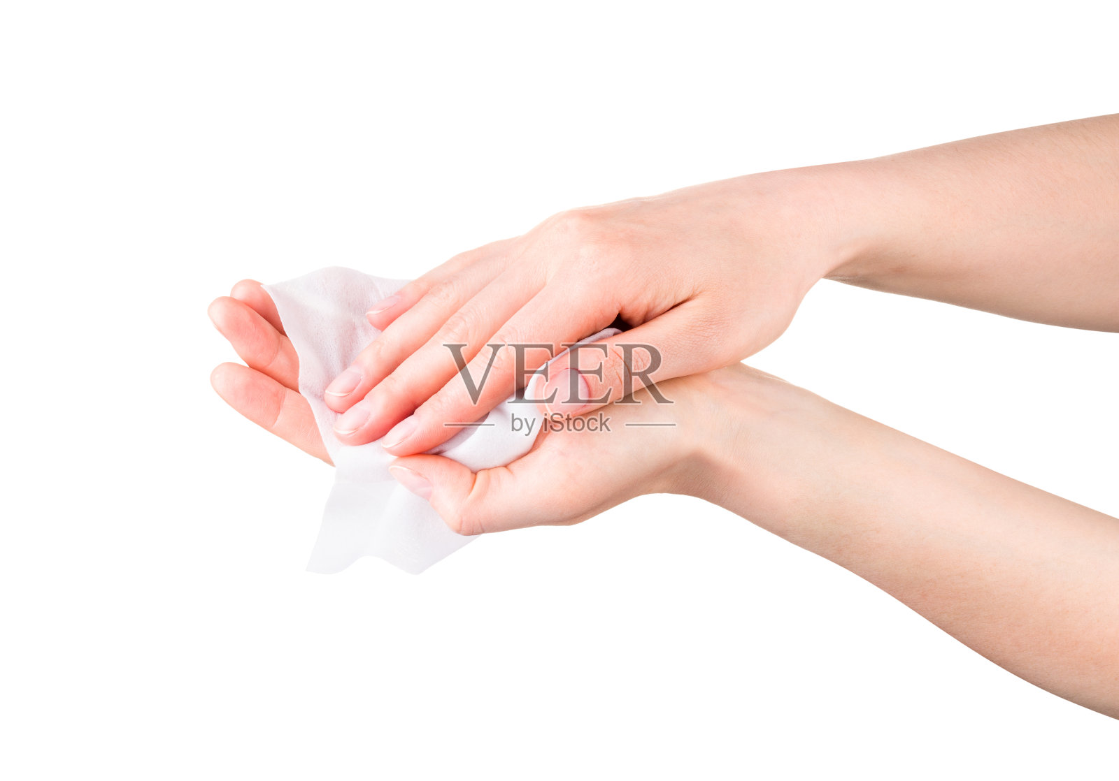 女性手用抗菌湿巾或纸巾隔离白色背景照片摄影图片