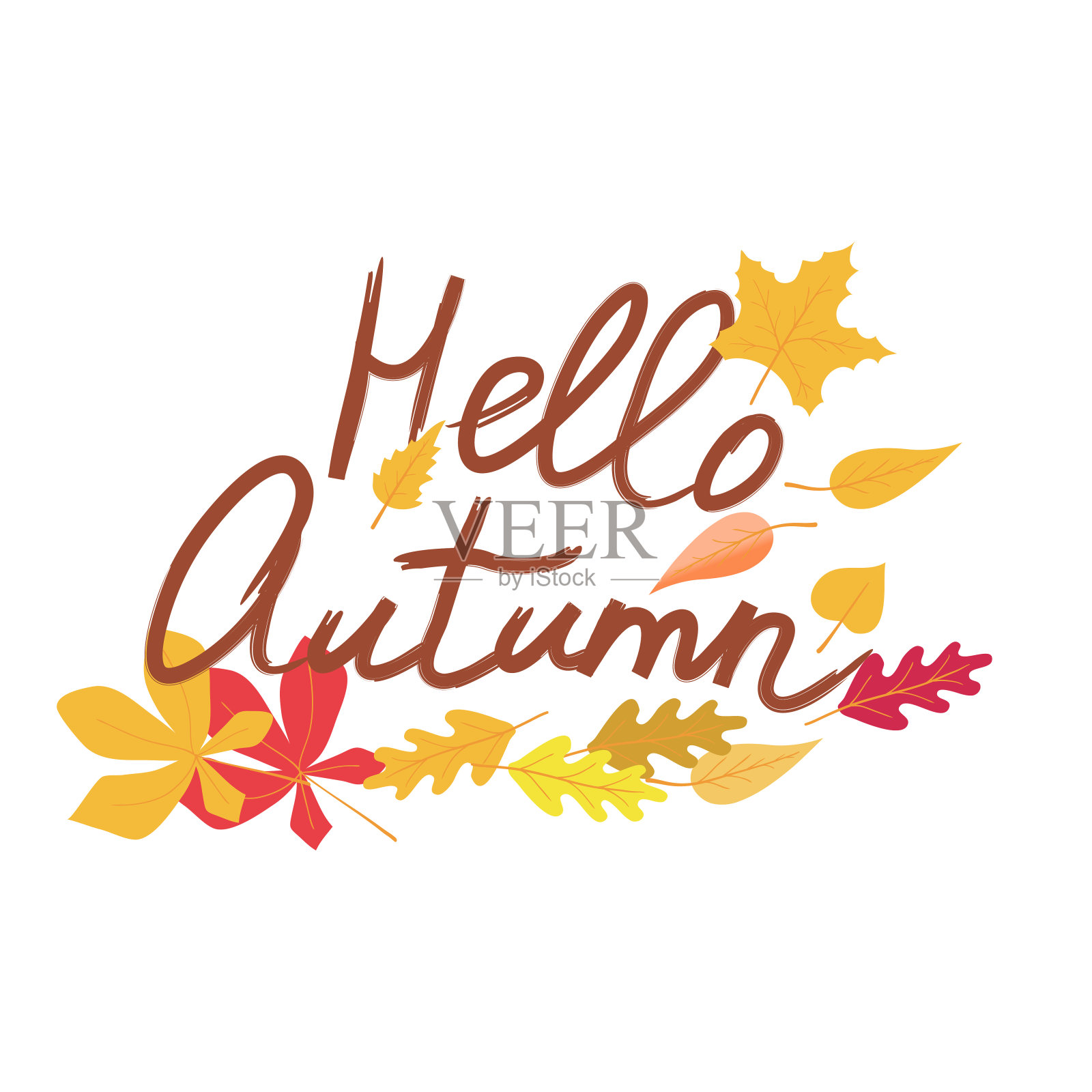 你好秋天书法与背景的秋天树叶插画图片素材