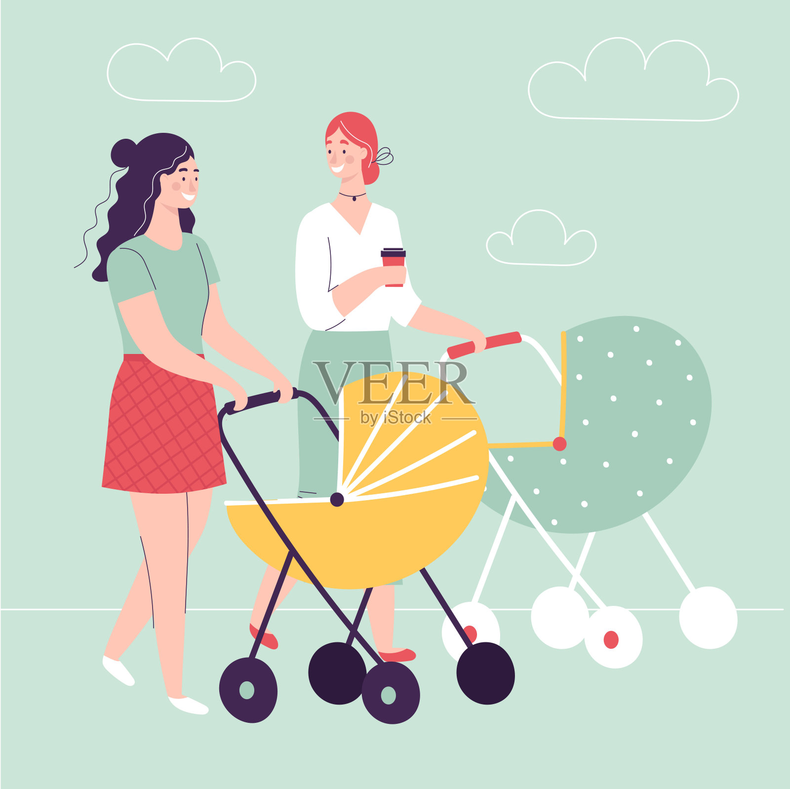 两个年轻的女人推着婴儿车，谈笑风生。快乐母亲的概念，女性友谊，和孩子的活动。平面卡通矢量插图插画图片素材
