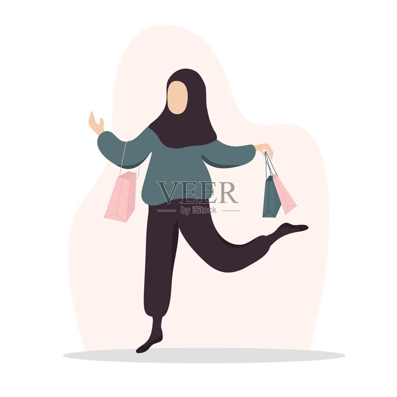 女人购物。快乐的阿拉伯女孩提着包。矢量卡通插图孤立的白色背景。促销和销售模板。插画图片素材