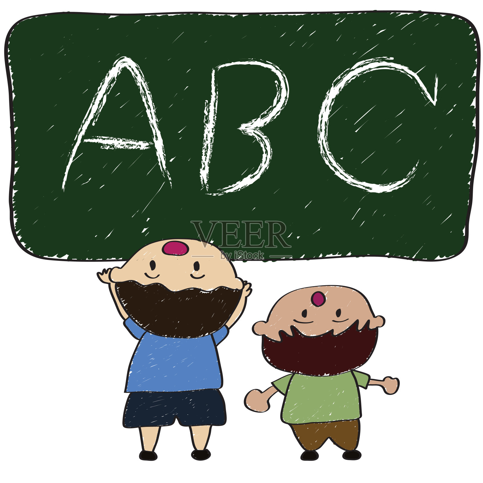 黑板上写着ABC的卡通男孩。涂鸦风格孤立在白色背景看起来像孩子画。设计元素图片