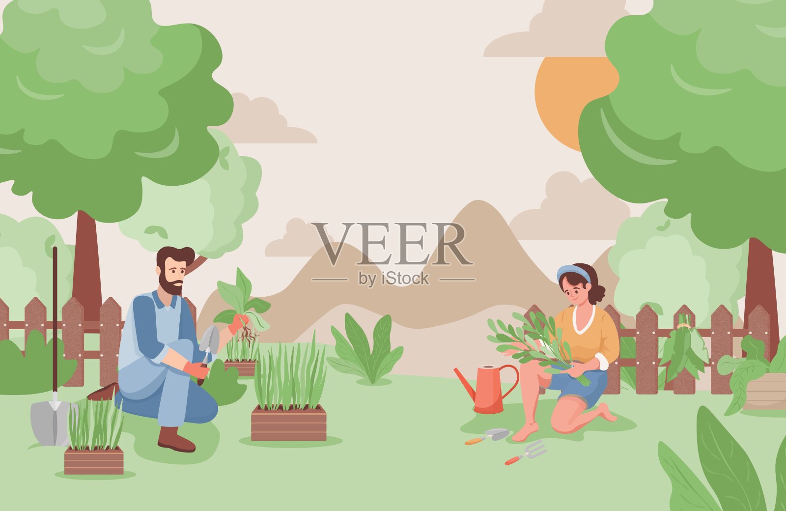 快乐的男人和女人在花园里工作在夏季矢量平面插图。种植树木的农民或园丁。插画图片素材