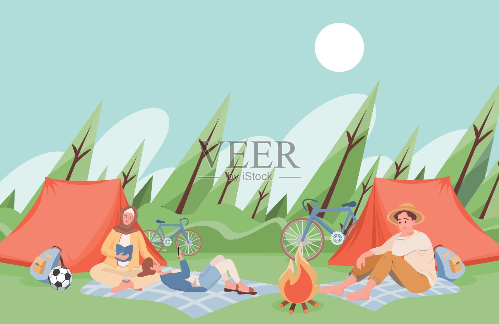 朋友在夏季露营花时间在一起，阅读书籍附近的营火矢量平面插图。插画图片素材
