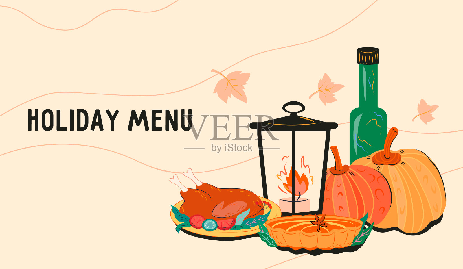 秋季菜单横幅与感恩节和万圣节菜肴，矢量插图。插画图片素材