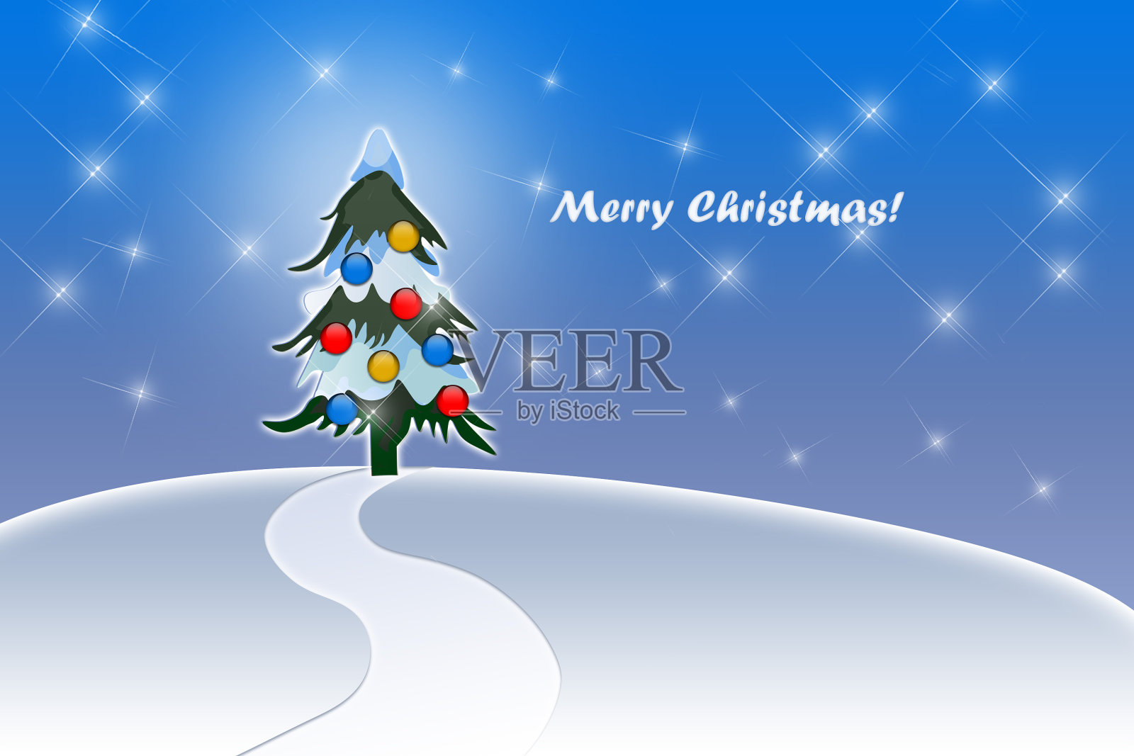 圣诞贺卡与树和雪花蓝色的背景插画图片素材