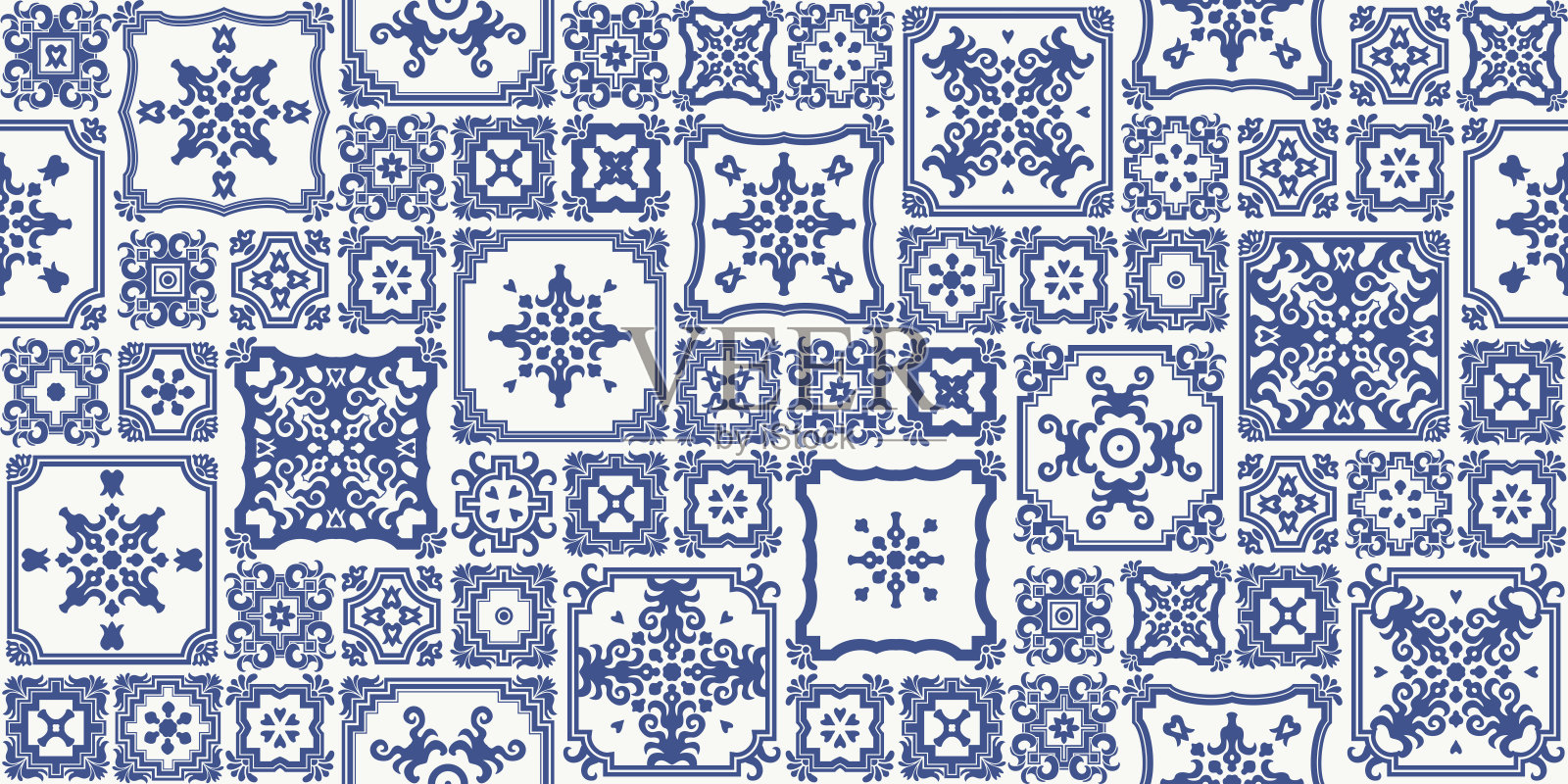 无缝拼接的蓝色马赛克瓷砖与几何和花卉装饰荷兰majolica陶瓷风格。墙纸décor、蜡染印花、面图、包装纸插画图片素材