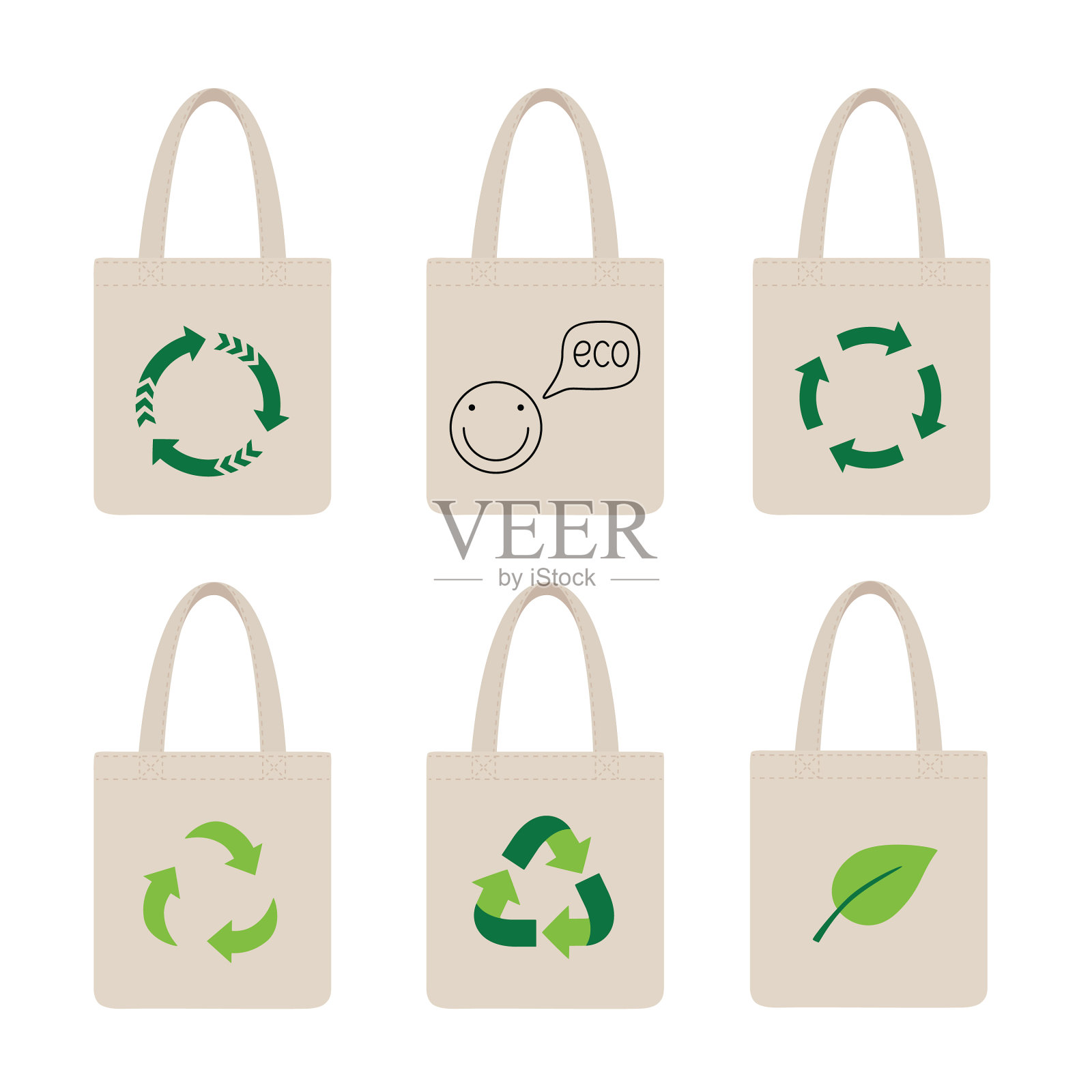 设置环保袋袋与回收图标设计元素图片