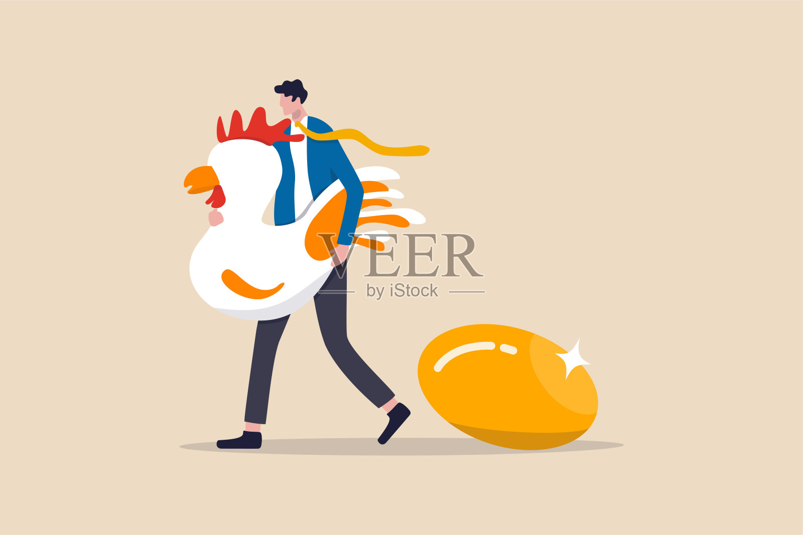 金蛋，珍贵的高回报投资或成功的退休计划与红利概念，快乐的商人投资者或办公室薪水的家伙拿着大白母鸡与珍贵的金蛋。插画图片素材