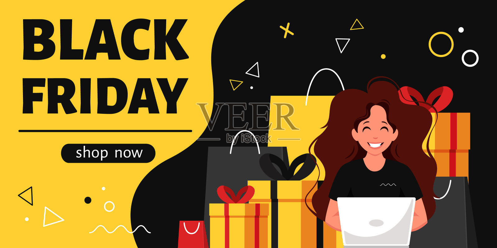 “黑色星期五”的横幅。女人用笔记本电脑在网上购物。矢量插图在平面风格。插画图片素材