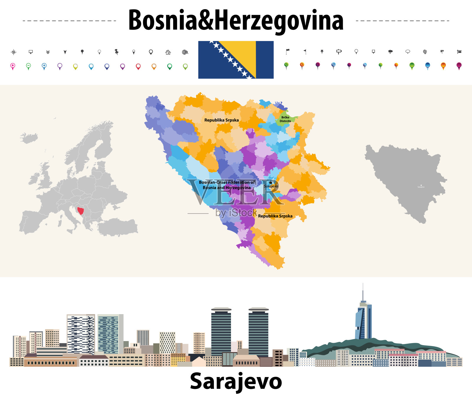 波斯尼亚和黑塞哥维那城市矢量地图。萨拉热窝的城市。波斯尼亚-黑塞哥维那国旗插画图片素材