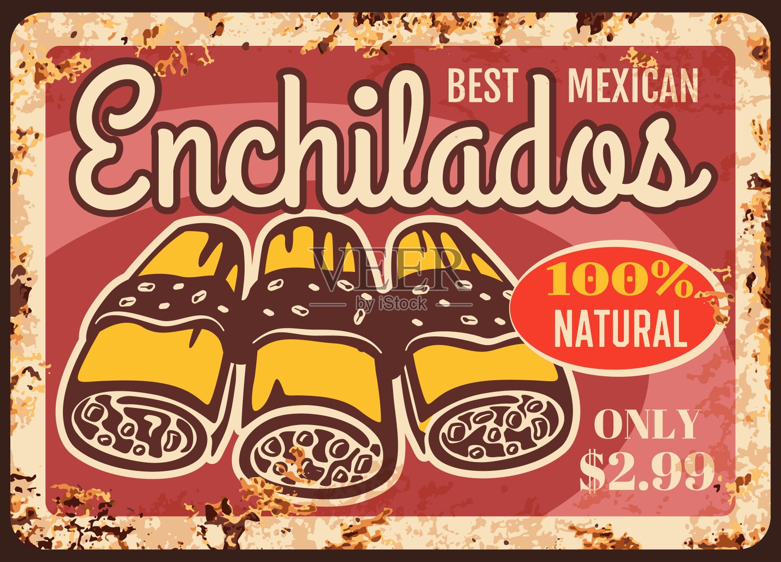 恩奇拉达斯锈迹斑斑的矢量金属板，墨西哥食物设计模板素材