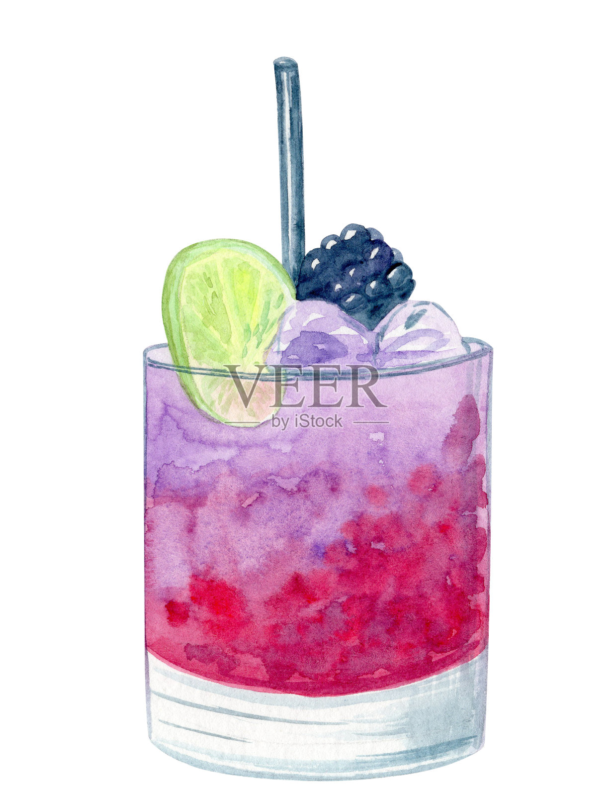 水彩手绘紫色新鲜水果鸡尾酒与石灰孤立在白色的背景插画图片素材