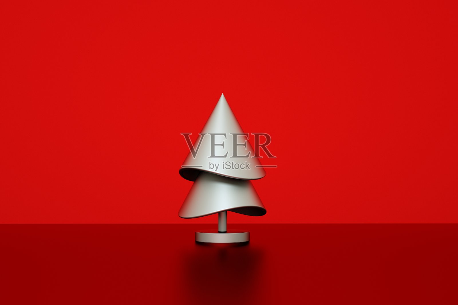 抽象的银色圣诞树上的红色背景。三维渲染照片摄影图片