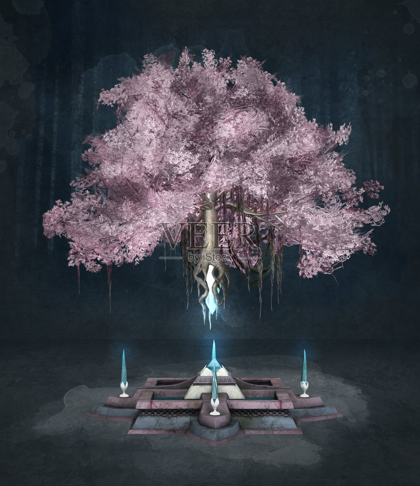 深色背景上一棵被施了魔法的粉红色树插画图片素材