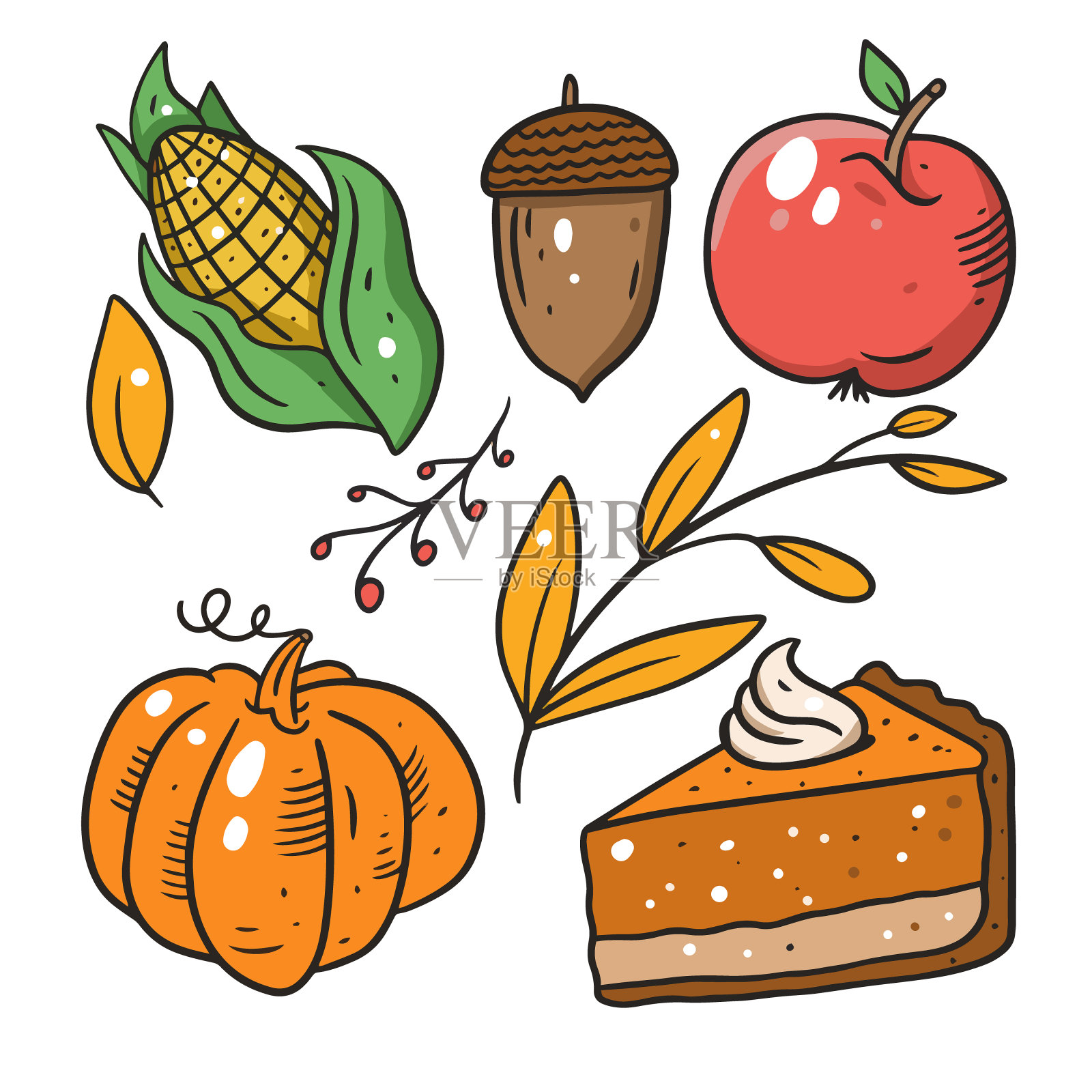 秋食集。南瓜派，苹果，树叶，橡子，坚果。插画图片素材