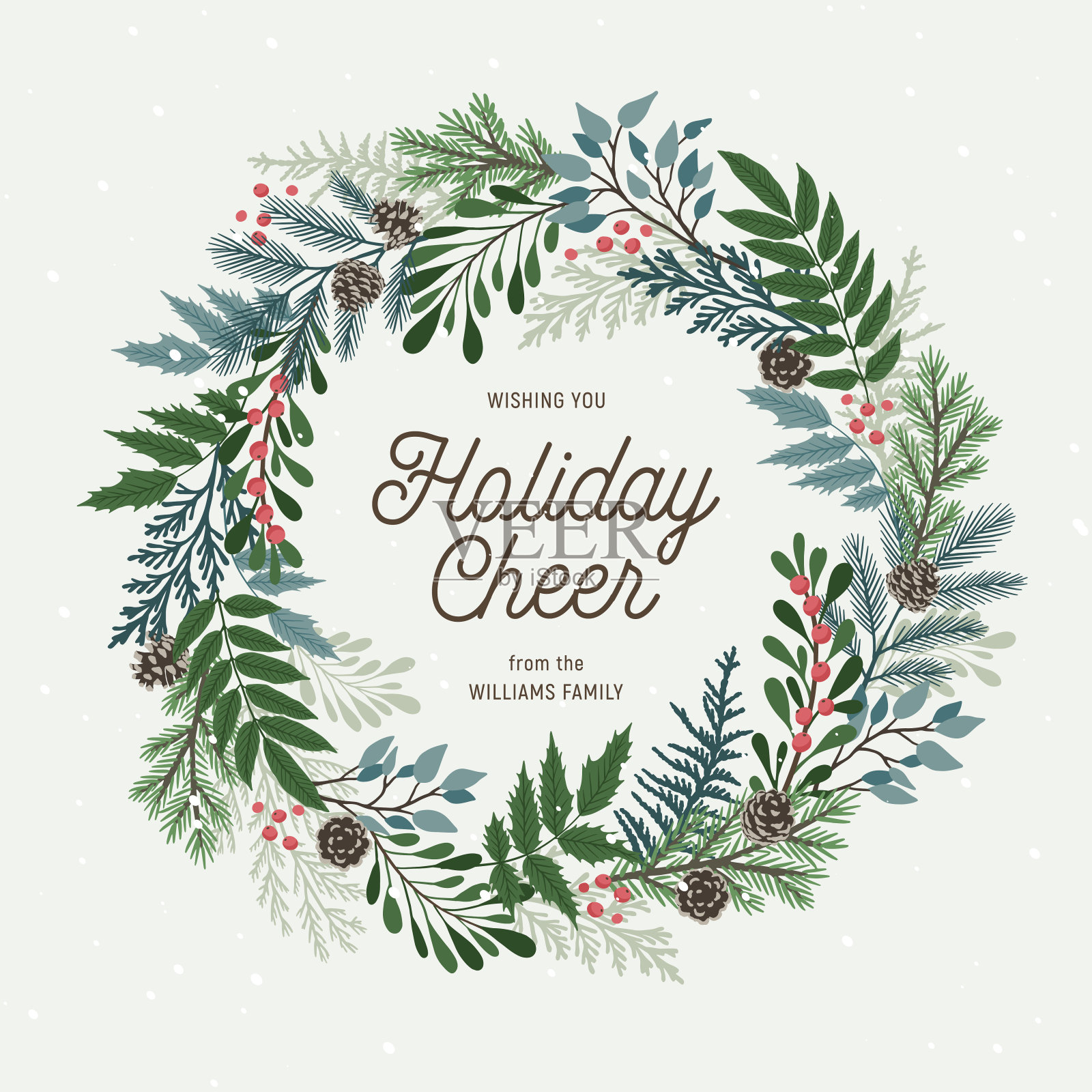 圣诞花环与冬青浆果，槲寄生，松树和冷杉枝，锥，花楸浆果。圣诞和新年快乐明信片。矢量图设计元素图片