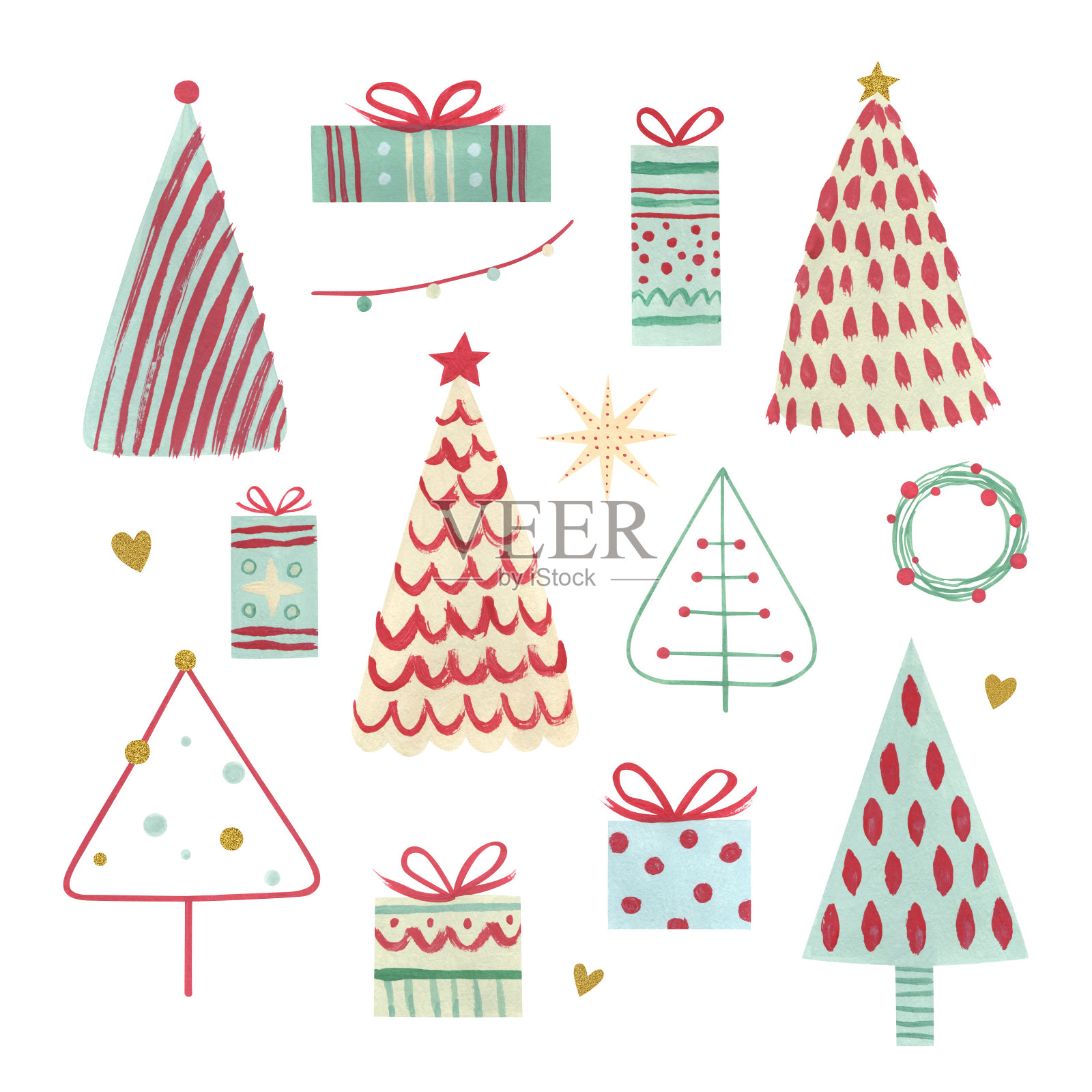 斯堪的纳维亚的圣诞树和礼物。简单的现代手绘插图。插画图片素材