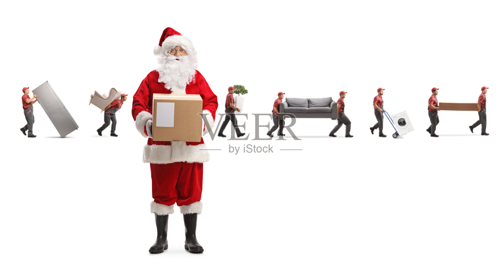 圣诞老人拿着一个箱子，搬运工搬运家用电器和家具照片摄影图片