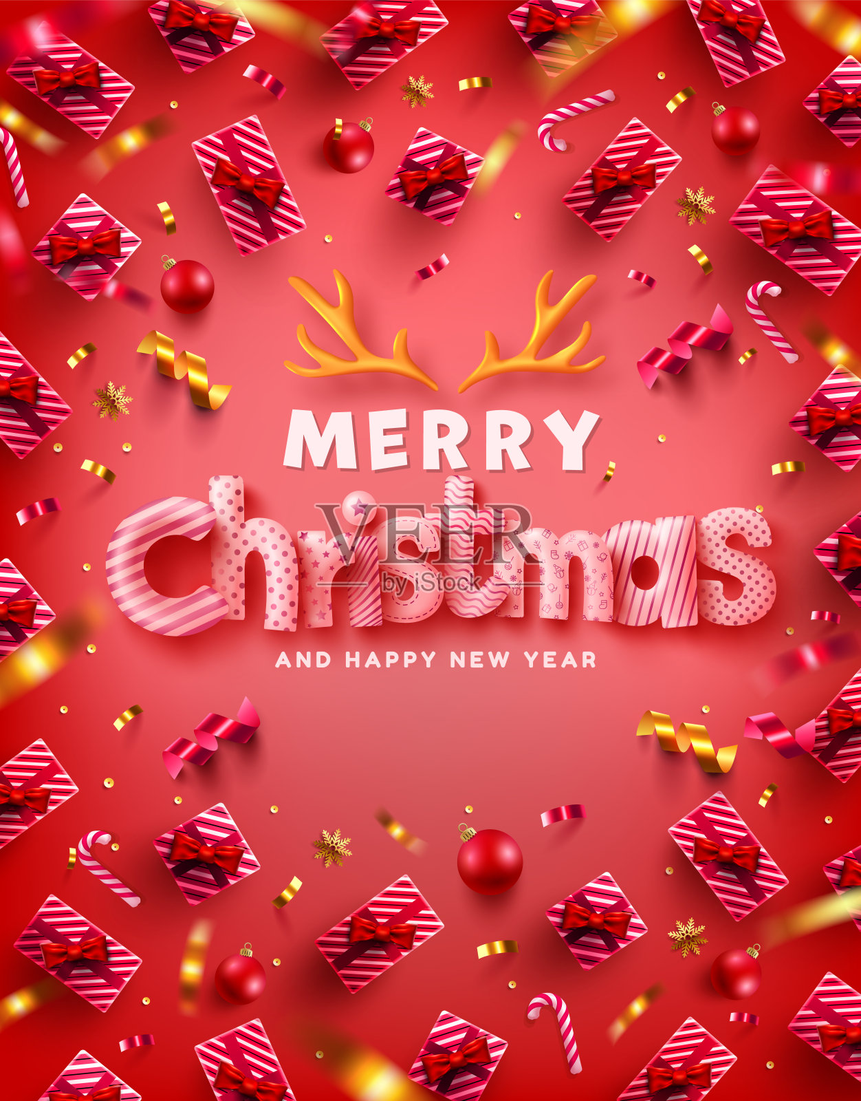 矢量圣诞快乐和新年快乐推广海报或横幅与许多礼盒和圣诞元素在红色背景零售，购物或圣诞促销在红色和金色风格。插画图片素材