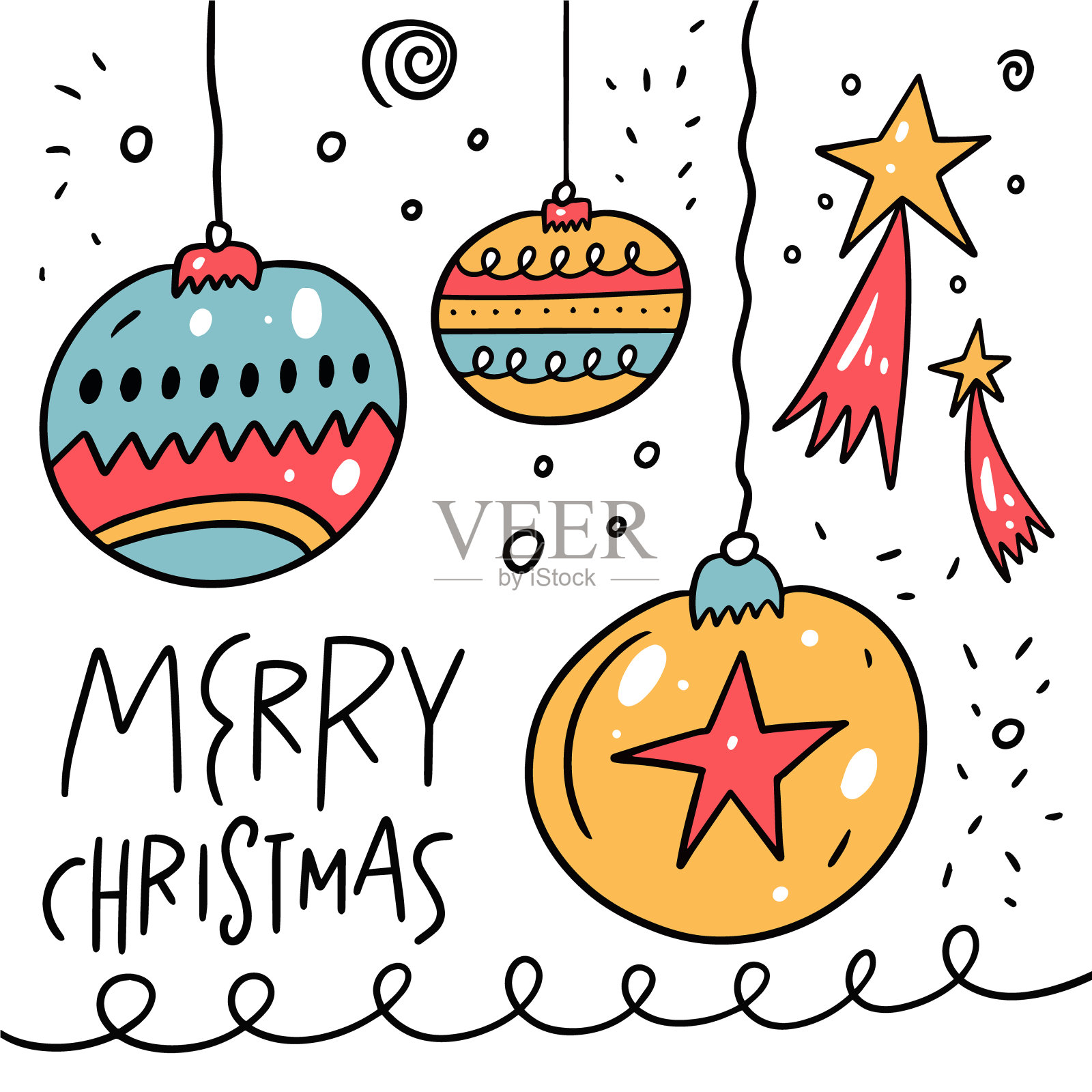 圣诞快乐元素设置涂鸦风格。铃铛和星星彩色卡通矢量插图。插画图片素材