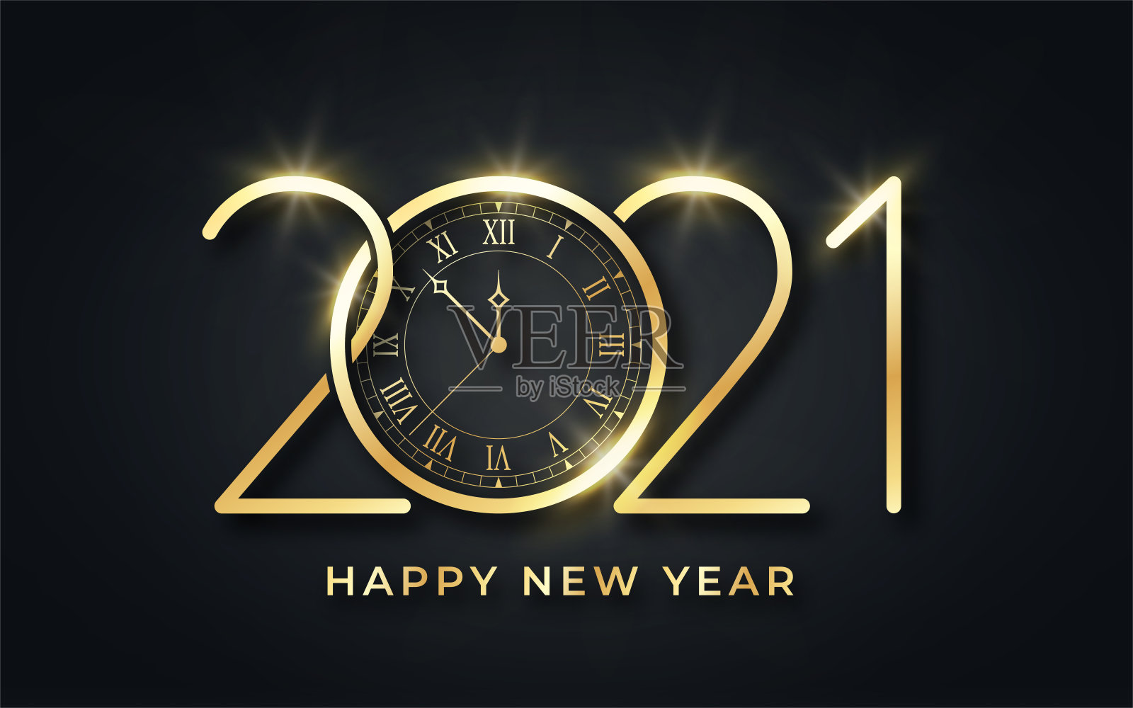 2021年新年快乐。新年背景快乐。金色文本与时钟和程式化2021数字。豪华的金色文字贺卡，横幅和明信片插画图片素材