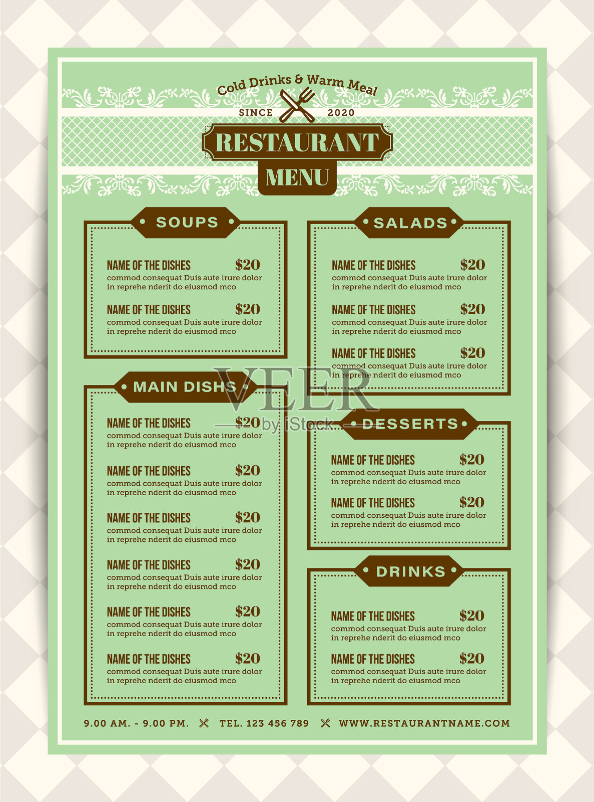 餐厅菜单模板与薄荷绿色设计模板素材