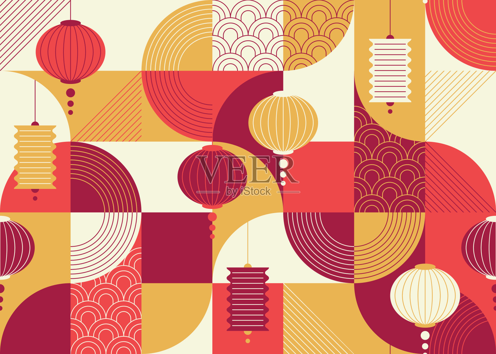 无缝几何平面和装饰设计图案与中国灯笼，中国新年背景。插画图片素材
